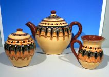 Vintage TROYAN BULGARIAN Ceramic Pottery Tea Set - Teapot, Lidded Sugar Bowl, Creamer Milk Pitcher